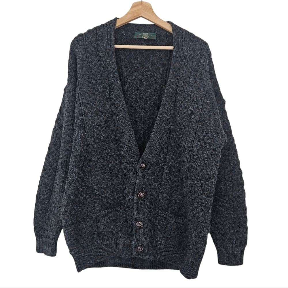 Orvis 100% Ireland Wool Gray Fisherman Cable Knit Cardigan size XL